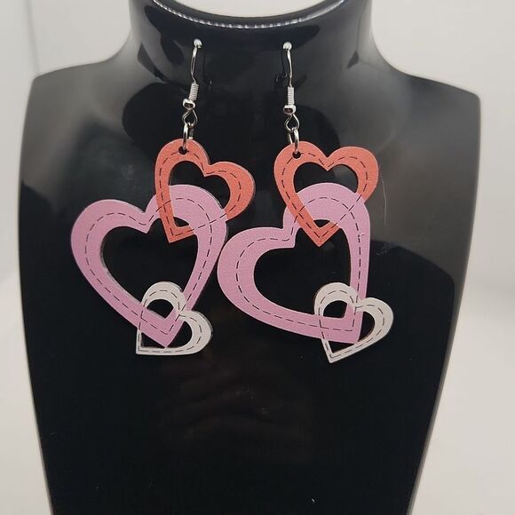 Colorful Womens Valentine's‎ Day Heart Love Hollow Wooden Dangling Earrings - Picture 4 of 5